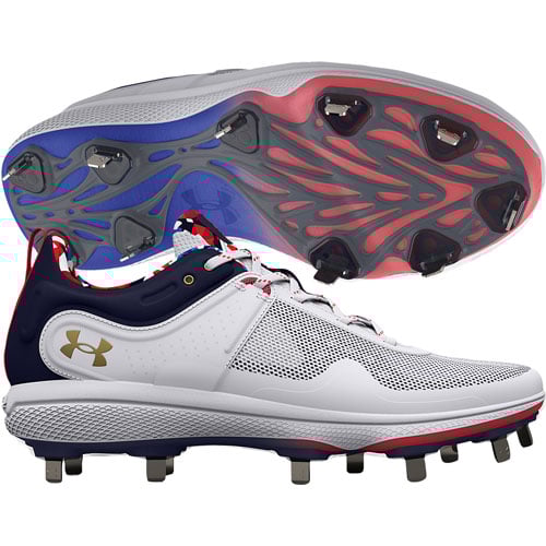 Women's Under Armour Glyde USA LE Metal Softball Cleats-White-Blue-Red-7.5-NWOB
