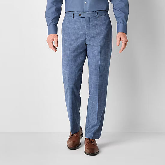 Men's Stafford Classic Fit Flat Front Wool Blend Suit Pants Blue Plaid 44x32 NWT