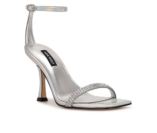 Women's Nine West Yess Rhinestone Ankle Strap Sandals - Silver - 9 - NIB