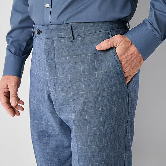 Men's Stafford Classic Fit Flat Front Wool Blend Suit Pants Blue Plaid 44x32 NWT