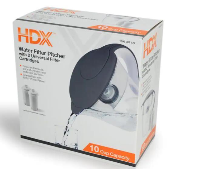 HDX 10-Cup Large Water Filter Pitcher w/ 2 Universal Filters-BPA Free