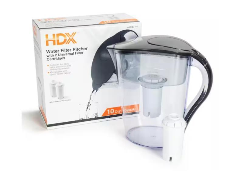 HDX 10-Cup Large Water Filter Pitcher w/ 2 Universal Filters-BPA Free