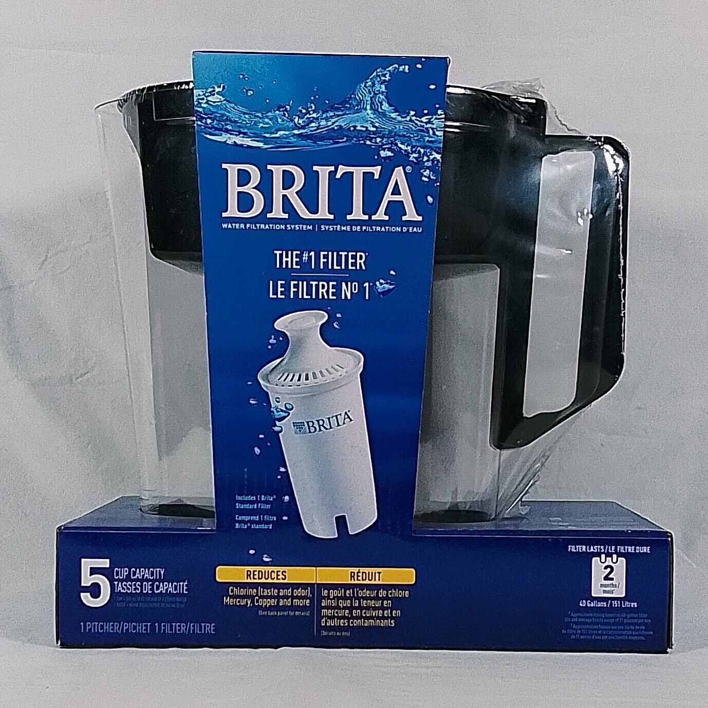 Brita Water Filtration System SOHO Pitcher 5 Cup Capacity-Black