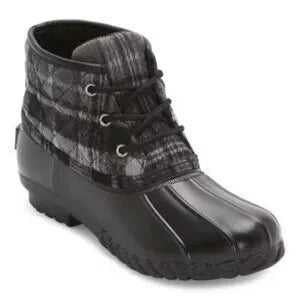 Women's St. John's Bay Denton Flat Heel Duck Boots - Black Multi Plaid - 8 - NIB