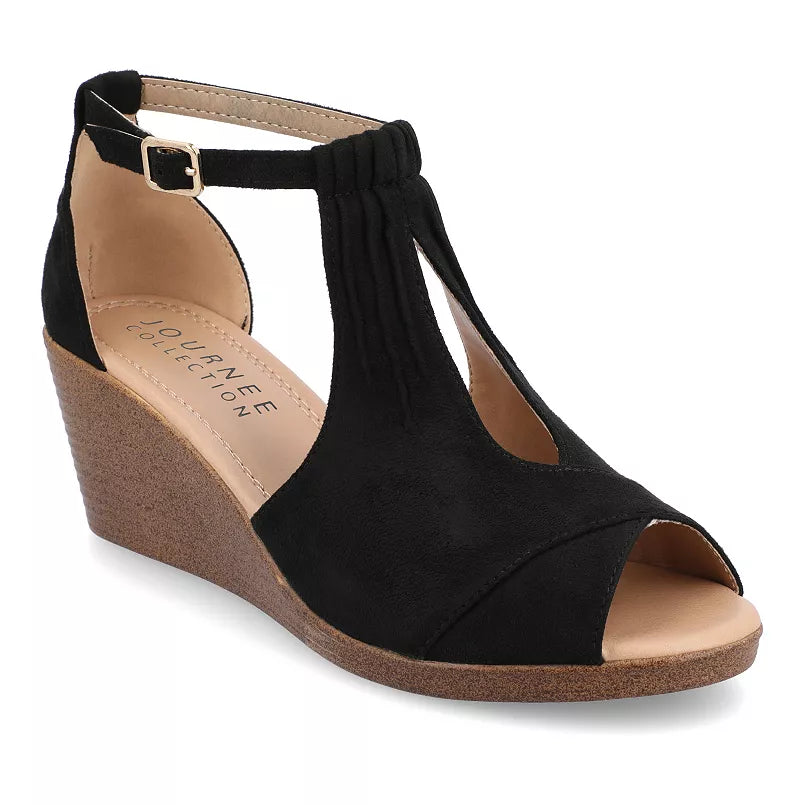 Women's Journee Collection Kedzie Peep Toe Wedge Sandals - Black - 9 - NIB