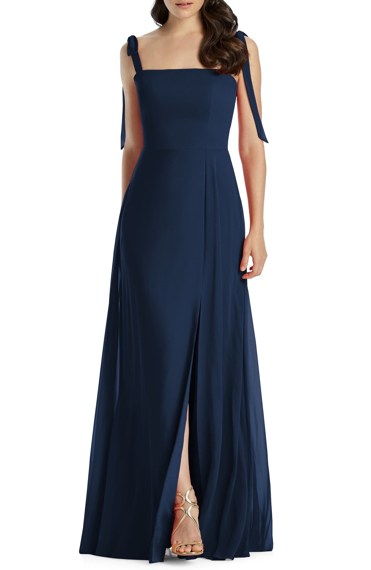After Six Women's Tie Shoulder Chiffon Maxi Dress 14 Midnight Navy NWT