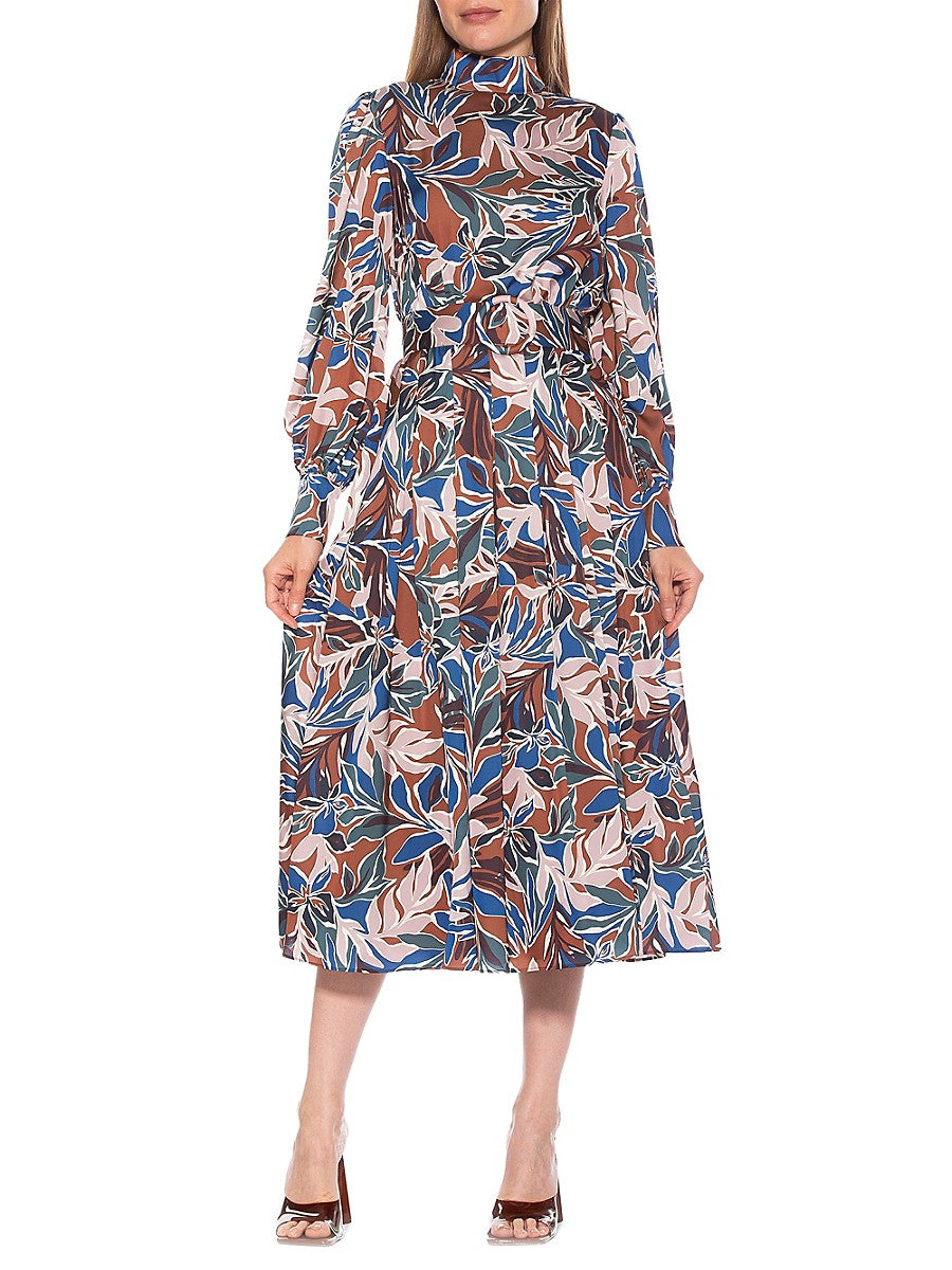 Alexia Admor Women's Safiya Belted A-Line Midi Dress 2 Brown Floral NWT