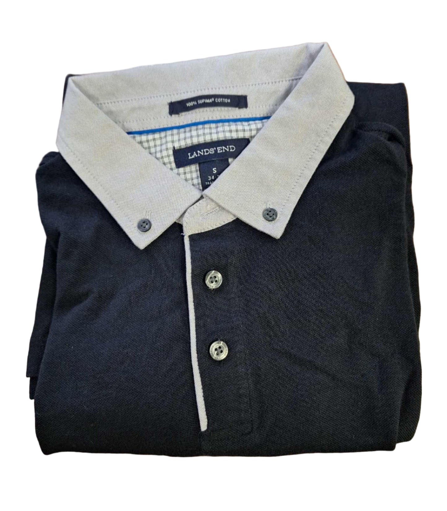 Lands' End Boys' Black Polo Grey Collar-Small