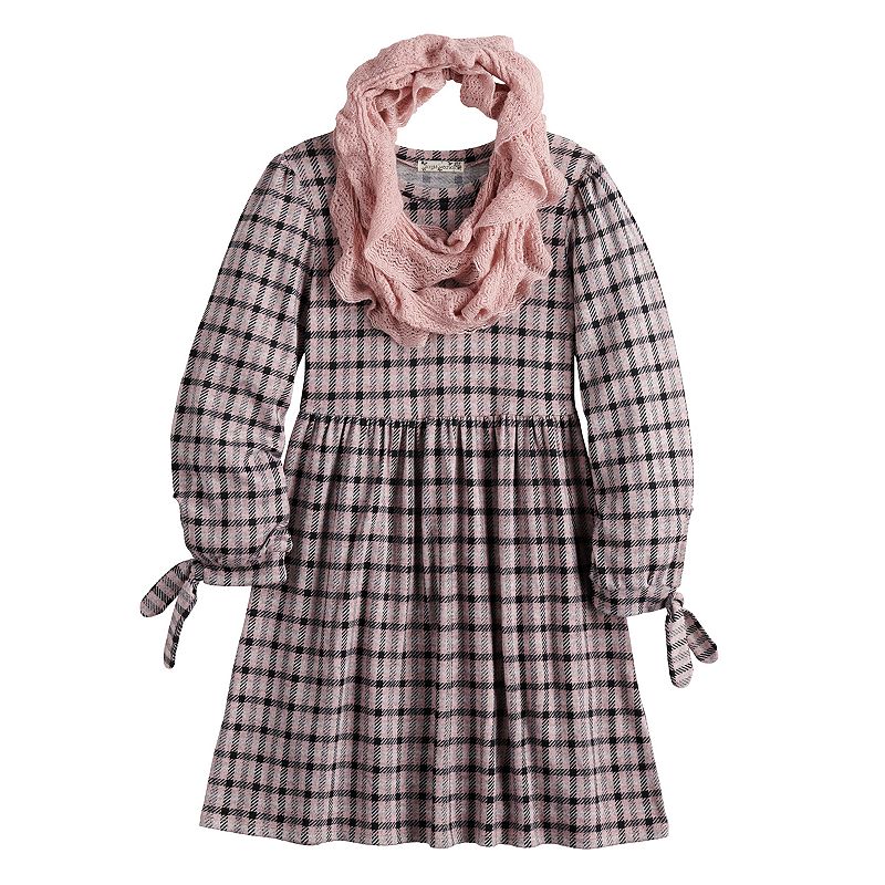 Knit Works Girls' Plaid Dress and Scarf Set Small NWT