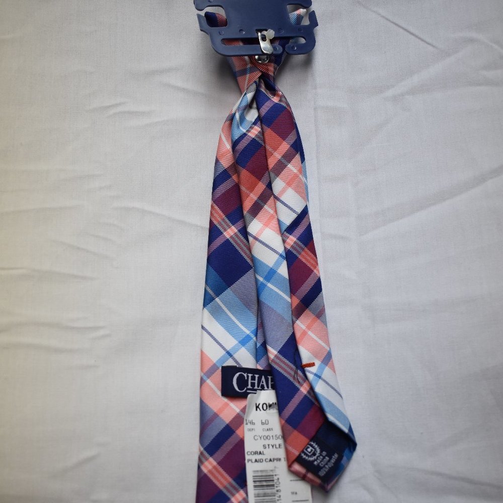 Chaps NWT 14" Clip Plaid Tie Coral/blue/Wht