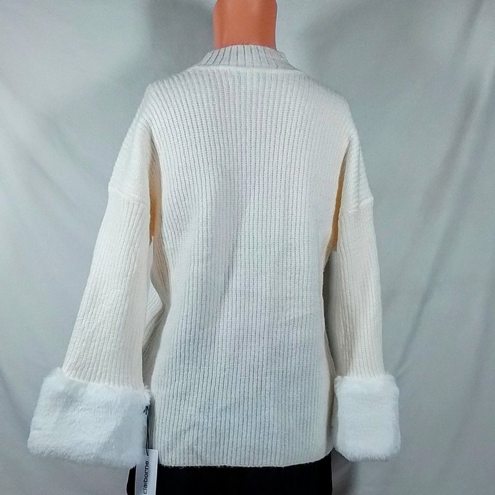 Women's Liz Claiborne Fur Lined Long Sleeve Sweater-Crema-Petite Medium-NWT