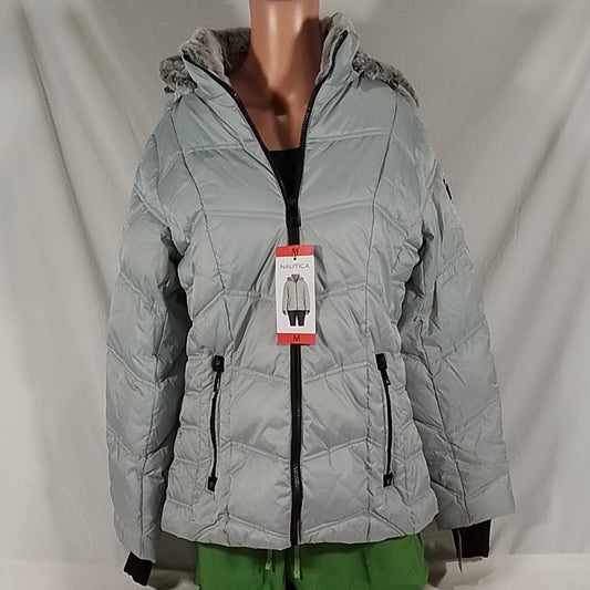 Women's Nautica Puffer Jacker with Faux Fur Lined Hood Silver-Sz: M- New w/Tags