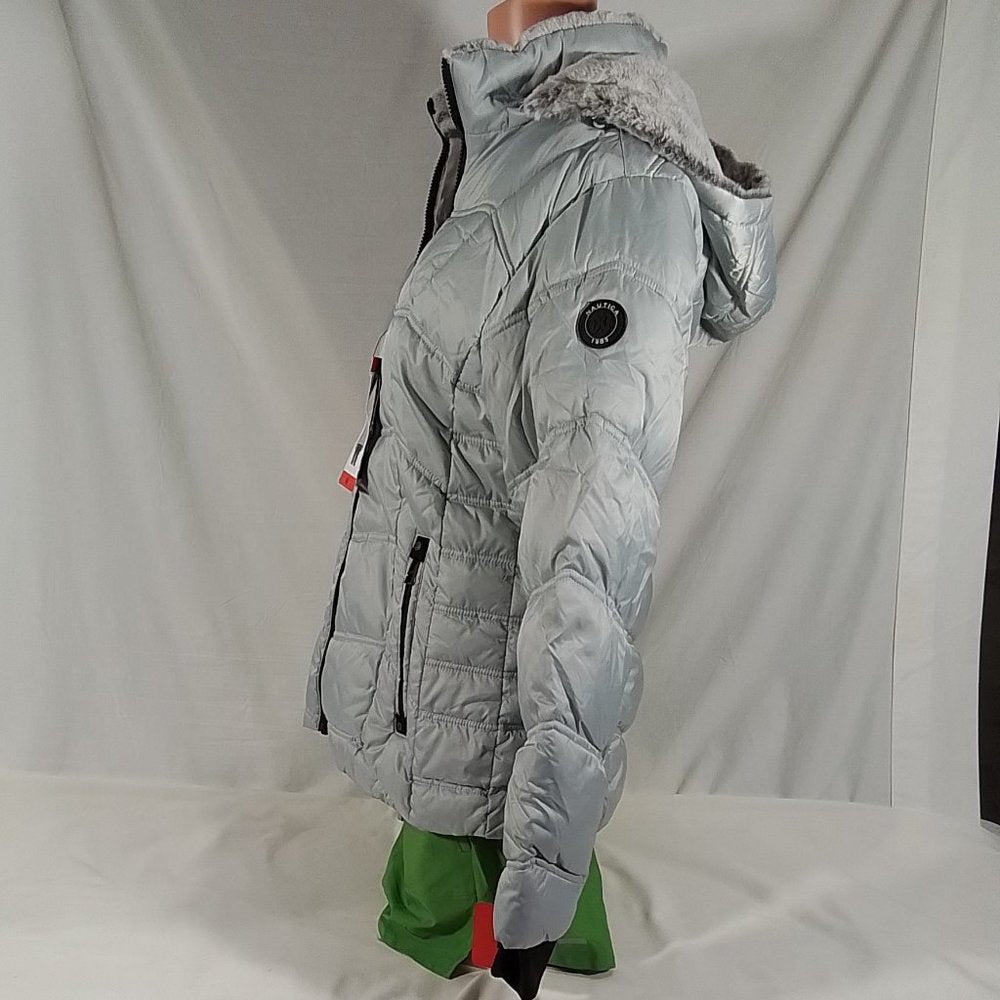 Women's Nautica Puffer Jacker with Faux Fur Lined Hood Silver-Sz: M- New w/Tags