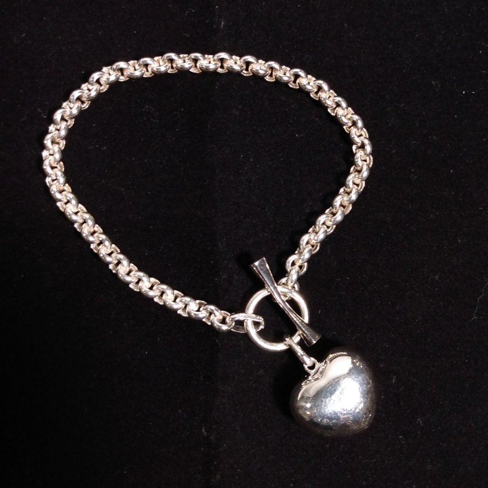 Sterling Silver Rolo Wheat with Heart Charm Bracelet-In Box(B3)