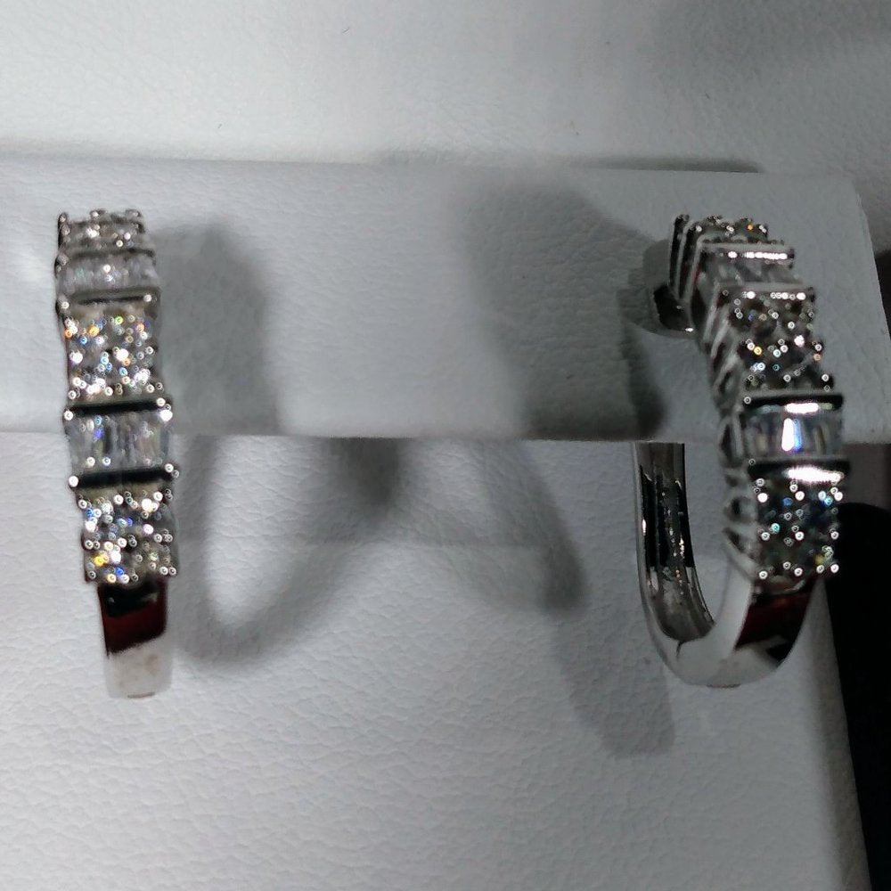 Sterling Silver Baguette & Round-Cut Cubic Zirconia Post Hoop Earrings(B8)