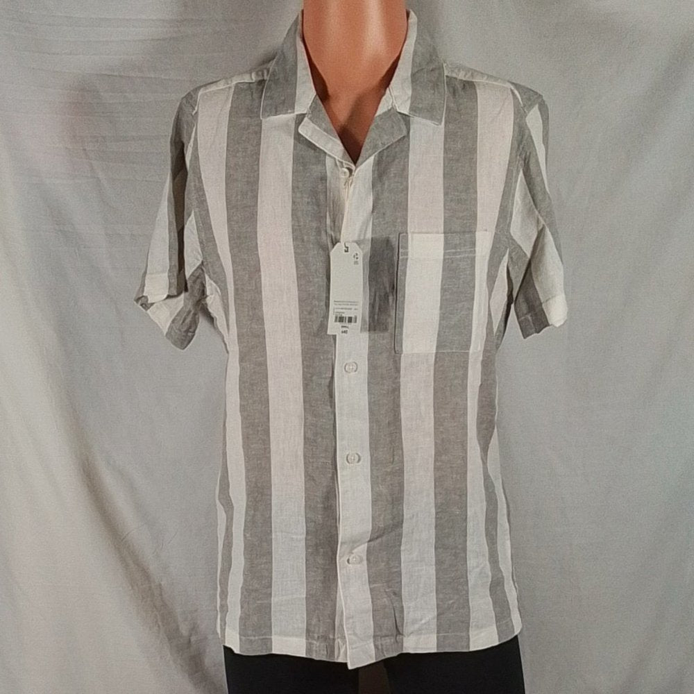 Men's Mutual Weave Regular Fit Grey Striped Linen Button Down Size: Small - NWT