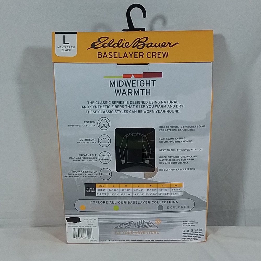 Men's Eddie Bauer Classic Series Baselayer Crew - Black - Various Sizes -NIB