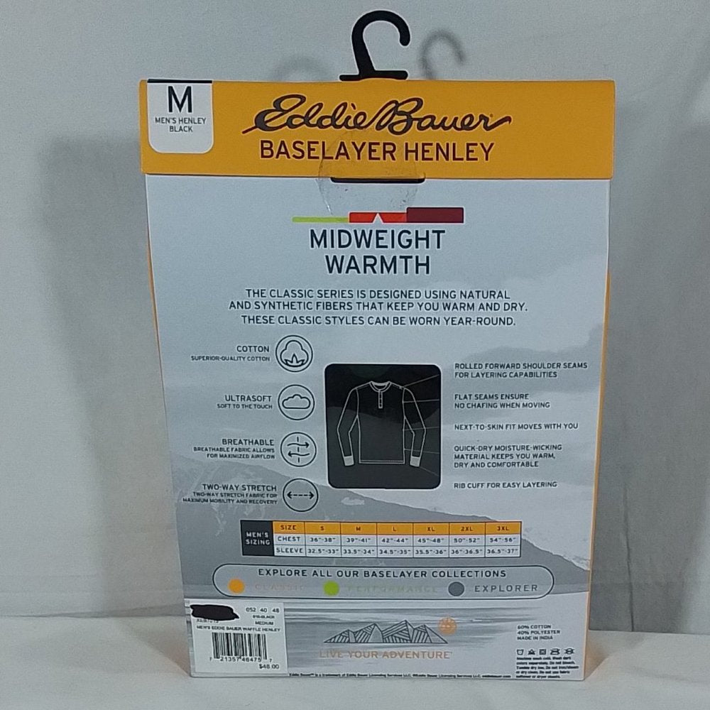 Men's Eddie Bauer Classic Series Baselayer Henley Black - Various Sizes- NIB