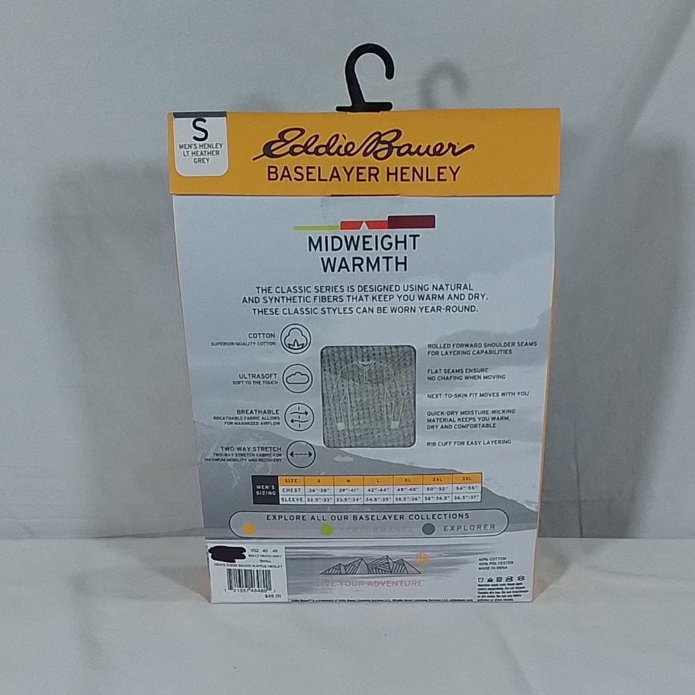 Men's Eddie Bauer Classic Series Baselayer Henley Light Grey - Various Sizes-NIB