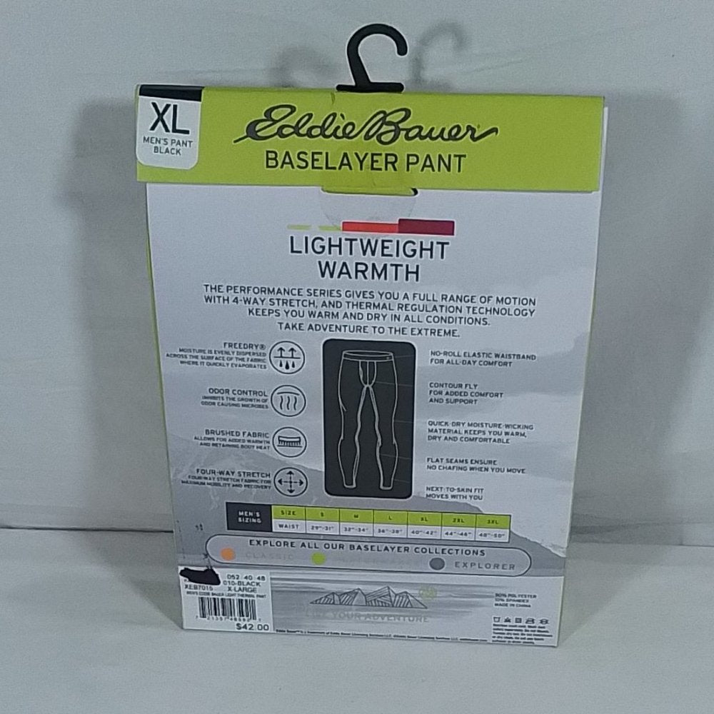 Men's Eddie Bauer Performance Series Baselayer Pant - Black -Size X-Large-NIB