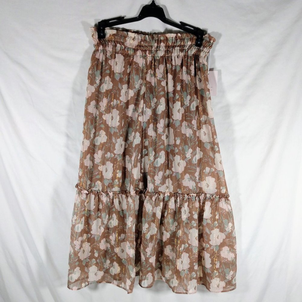 LC Lauren Conrad Floral Ruffle Midi Skirt-Various Sizes-Floral Beige-NWT