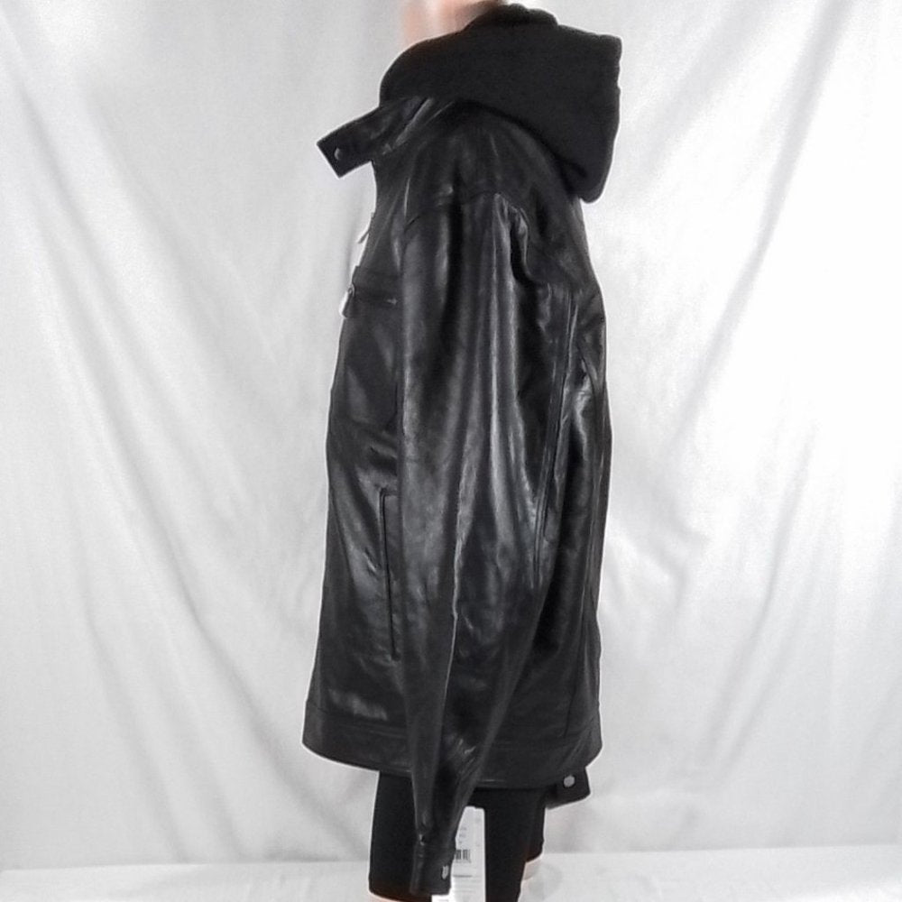 Men's Vintage Leather Racing Jacket With Detachable Hood - Var Sz - NWT