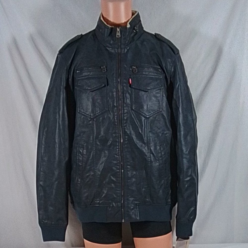 Men's Levi's Sherpa Lined Faux Leather Aviator Bomber - Navy - XL - NWT