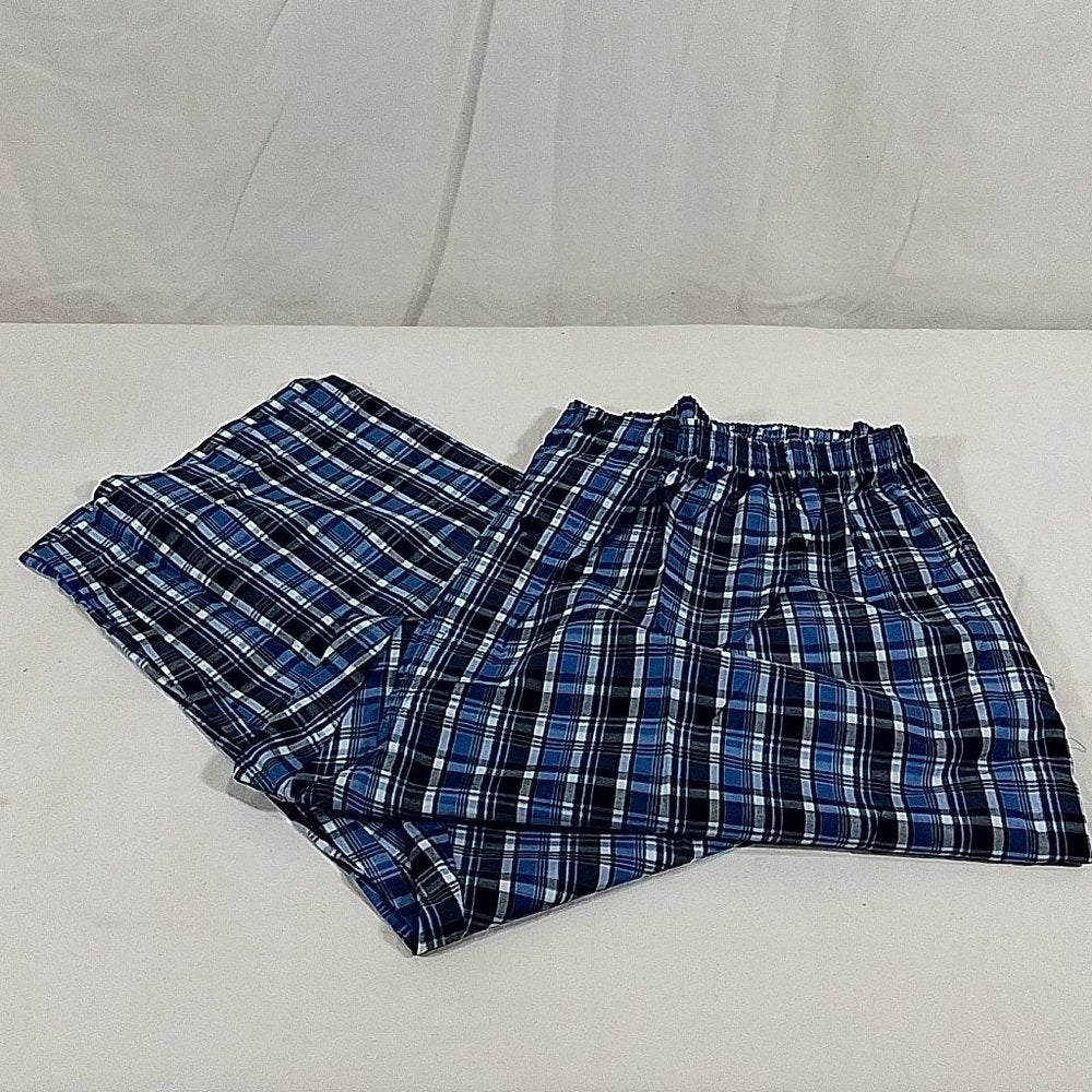 Men's Hanes Broadcloth Long Sleeve Pajama Set - Blue Plaid - XL - NWT