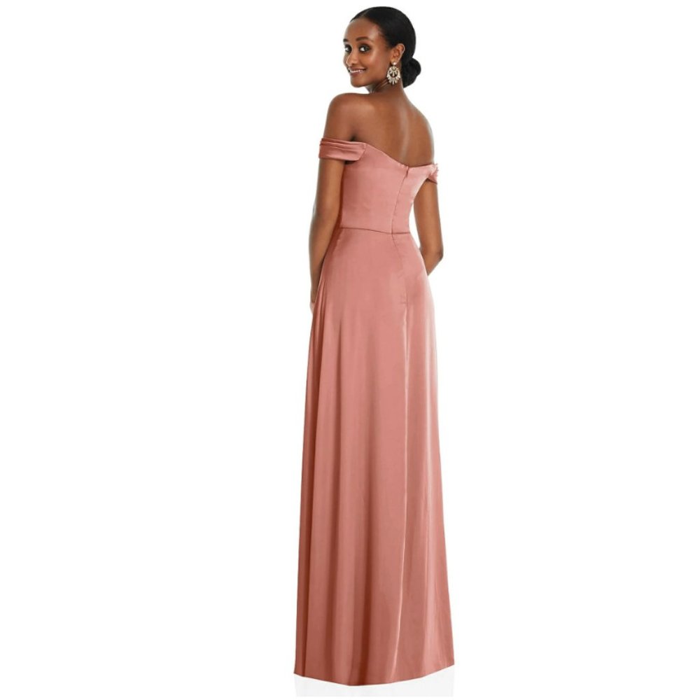 Dessy Collection Off-the-Shoulder Gown With Front Slit - 4 - Desert Rose -NWT