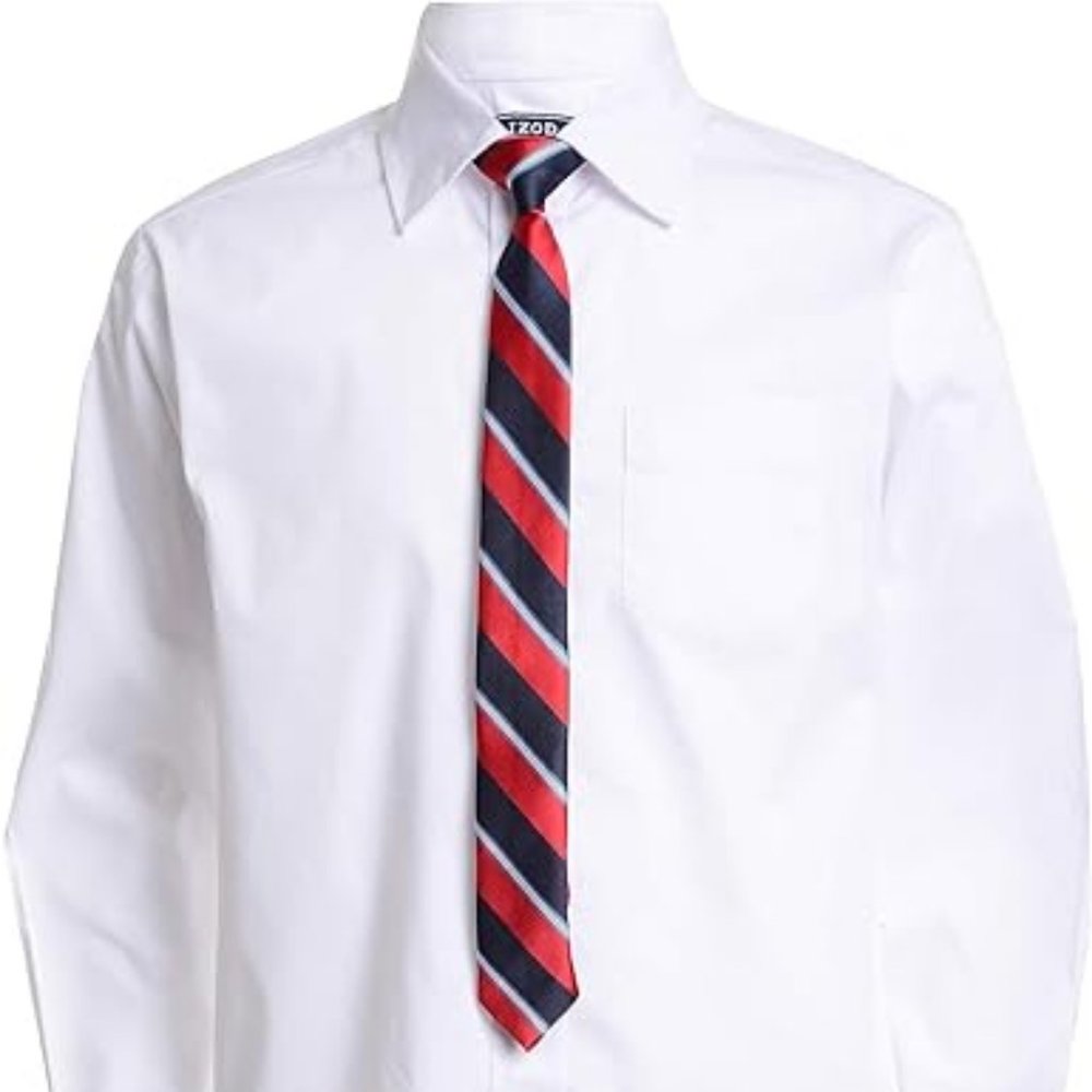 IZOD Boy's Button Down Red Stripe Button-Up & Tie - Large 14-16 - White - NWT