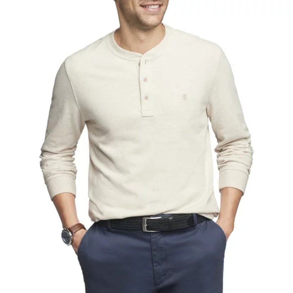 IZOD Men's Saltwater Jersey Henley Top - X Large - Beige - New Without Tags