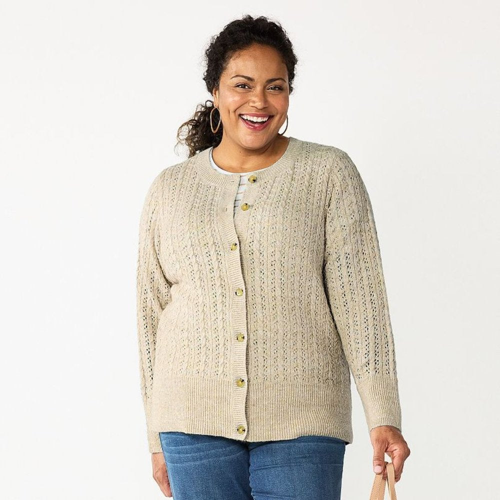 Women's Croft & Barrow Plus Size Stitch Crewneck Cardigan - Oatmeal - 1X - NWT