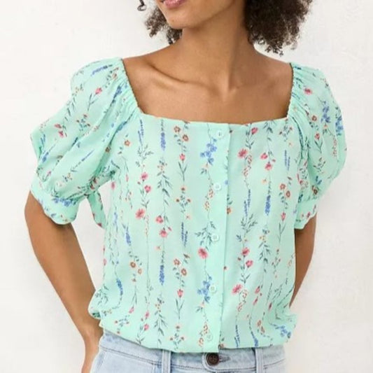 Women's LC Lauren Conrad Square-neck Puff Sleeve Top -Lt Green - X-Small - NWT