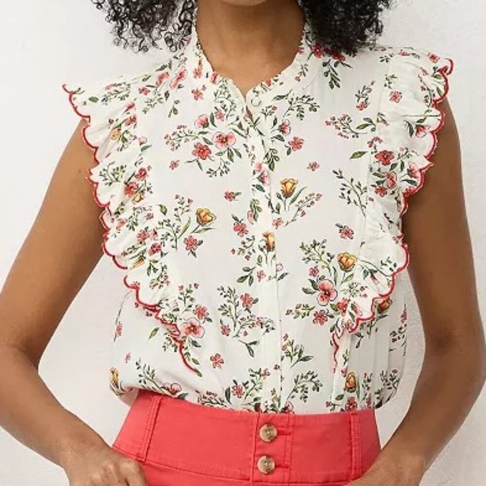 Women's LC Lauren Conrad Ruffle Sleeveless Shirt - Cream Floral - X-Small - NWT