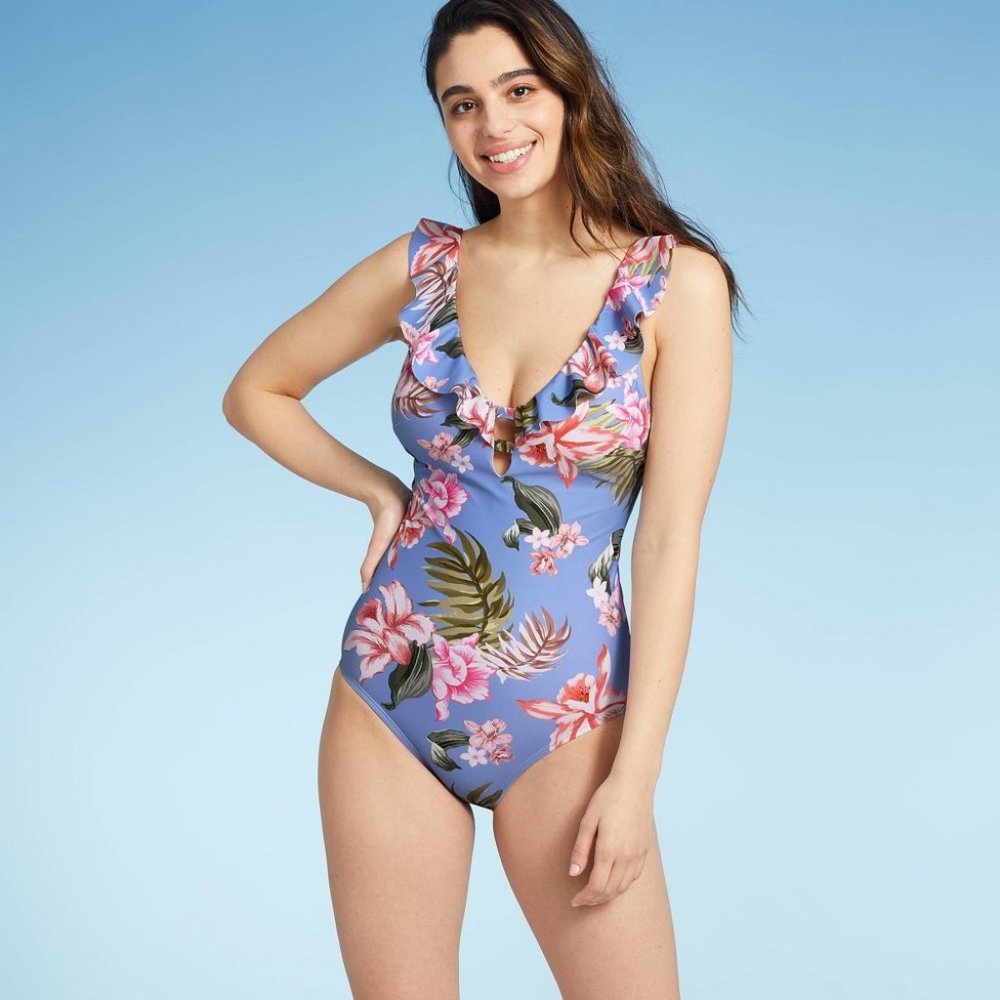 Kona Sol Women's Over the Shoulder Ruffle One Piece Swimsuit - Floral - S - NWT