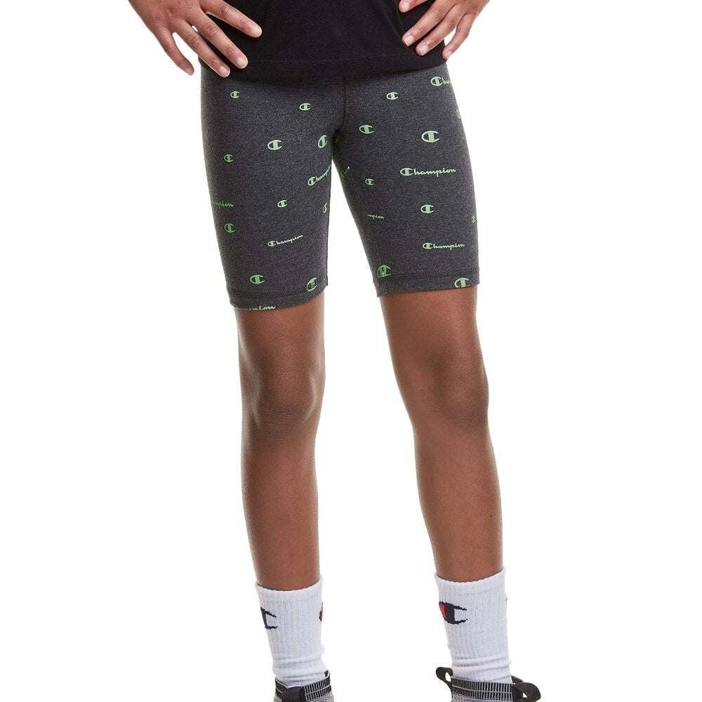 Girl's Champion All Over Print Bike Shorts - Granite Heather& Neon Kiwi - M -NWT