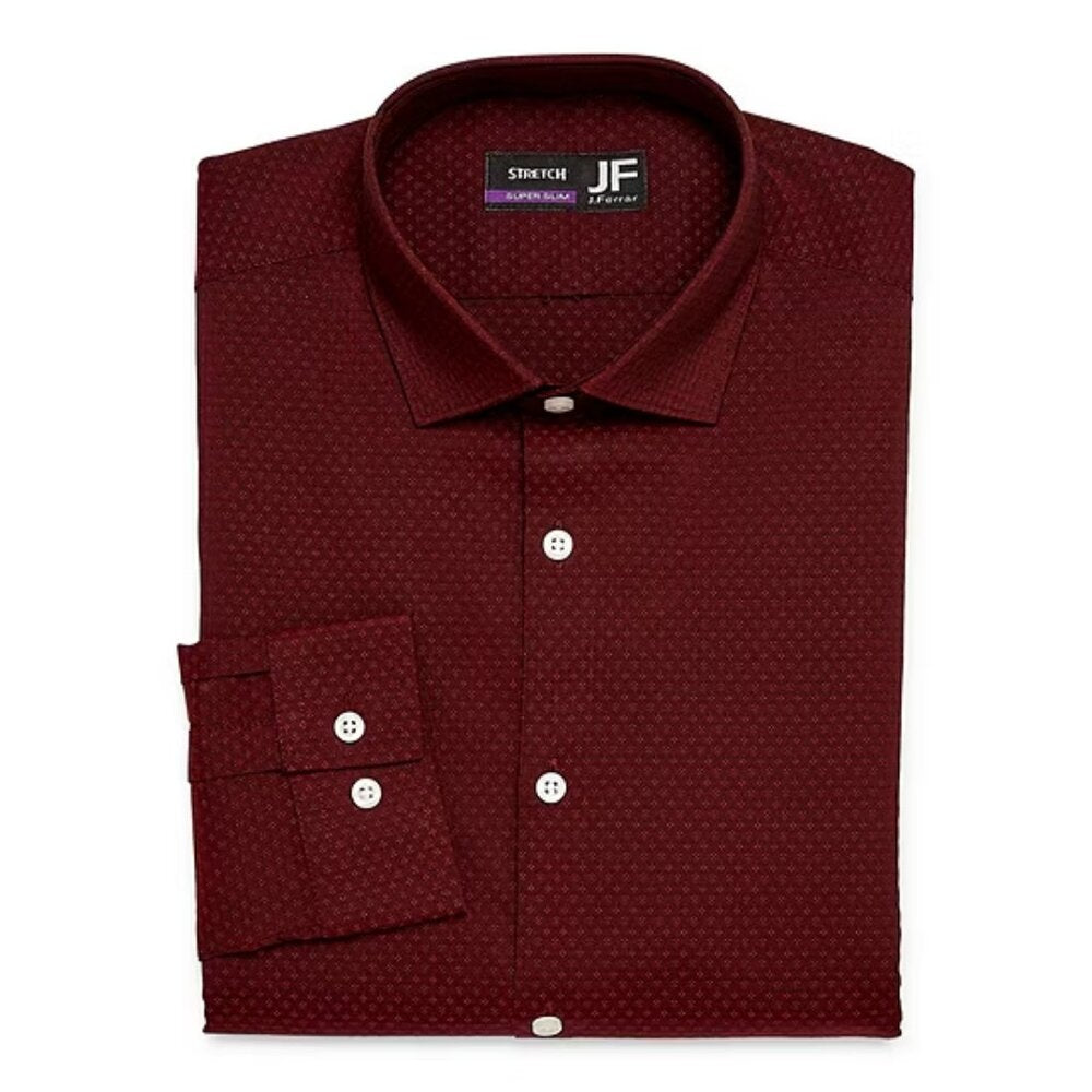 Men's JF J. Ferrar Ultra Comfort Slim Fit Dress Shirt - Burgundy Geo Dobby - L