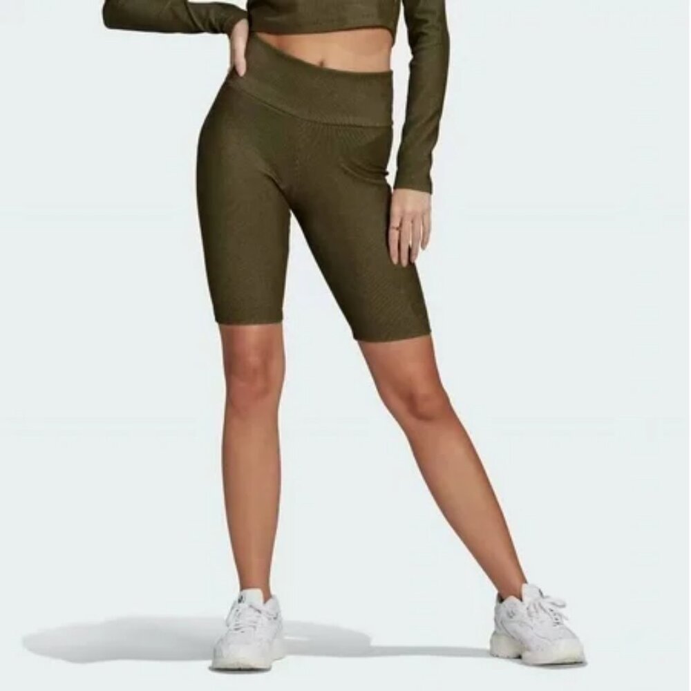 Women's Adidas 2 Colored Rib Short Leggings - Olive/Lime -Various Sizes- NWT