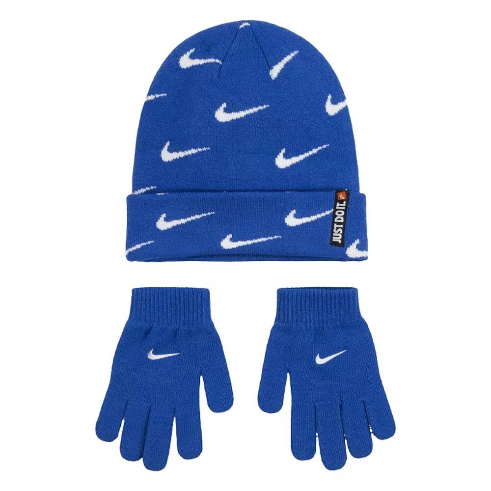 Boy's Nike Swoosh Repeat Beanie & Glove Set - Royal Blue & White - OS - NWT