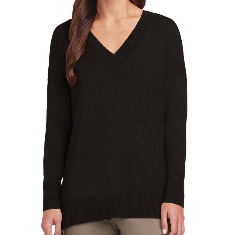 Matty M Women's V Neck Pullover Sweater with Side Slits-Black-NWOT