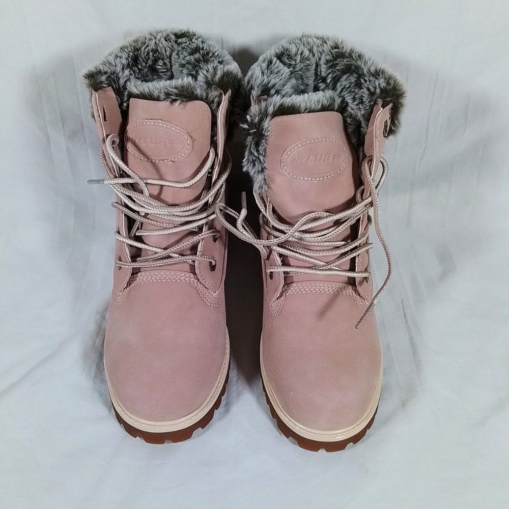 Lugz Women’s Hudson Lace-Up Fur-Trim Boots-Size 6-Bubble Gum Pink-New in…