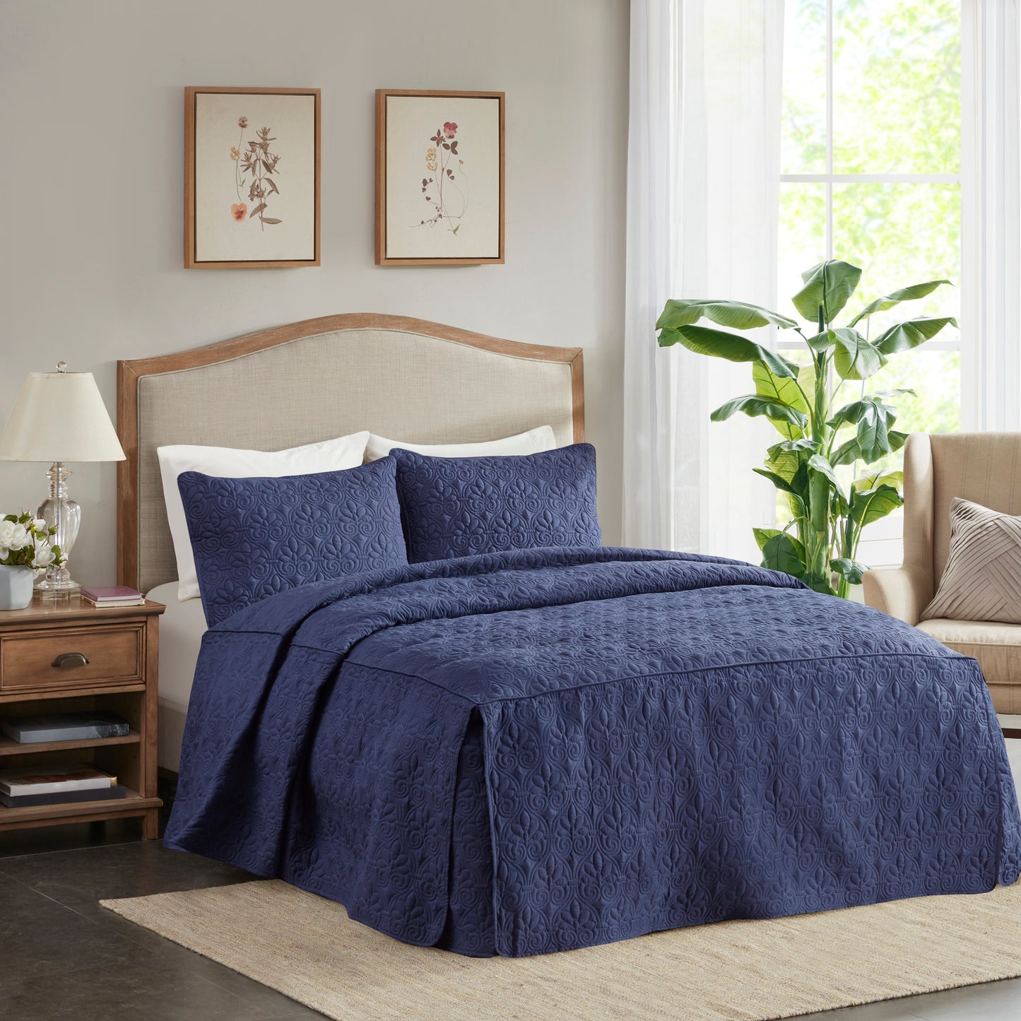 Madison Park Mansfield 3 Piece King Size Pleated Bedspread Set Navy