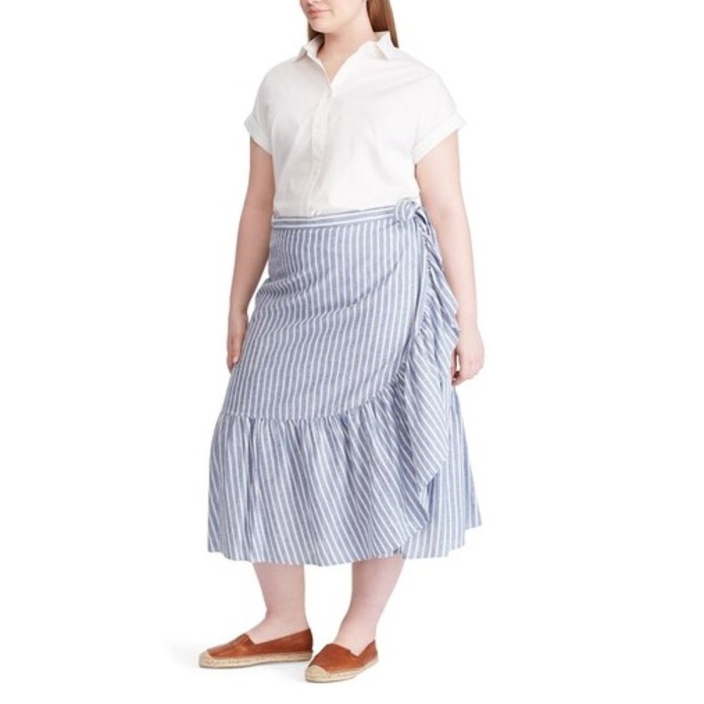 Chaps Ruffled Midi Skirt-Blue/White Stripe-New with Tags
