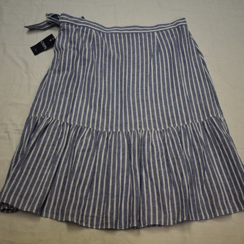 Chaps Ruffled Midi Skirt-Blue/White Stripe-New with Tags
