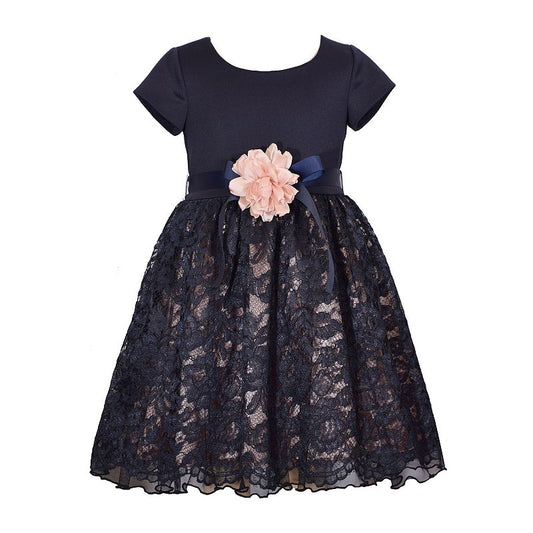 Little Girl's Bonnie Jean Knit To Lace Ballerina Dress - Navy - 7 - NWT