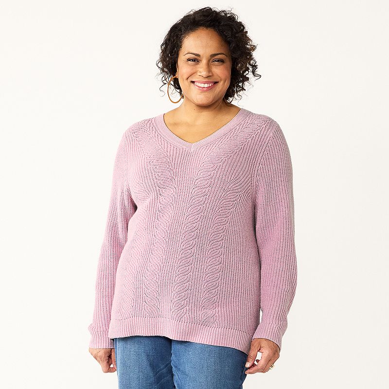 Women's Croft & Barrow Plus Size Placed Cable V- Neck Sweater - Lavender - 2X