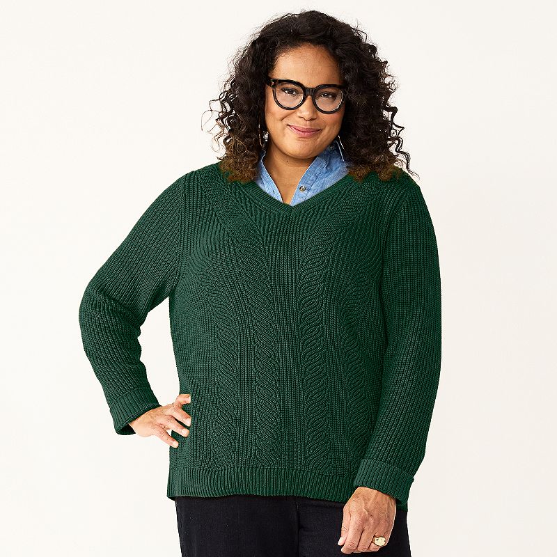 Women's Croft & Barrow Plus Size Placed Cable V-Neck Sweater - Pine - 1X - NWOT
