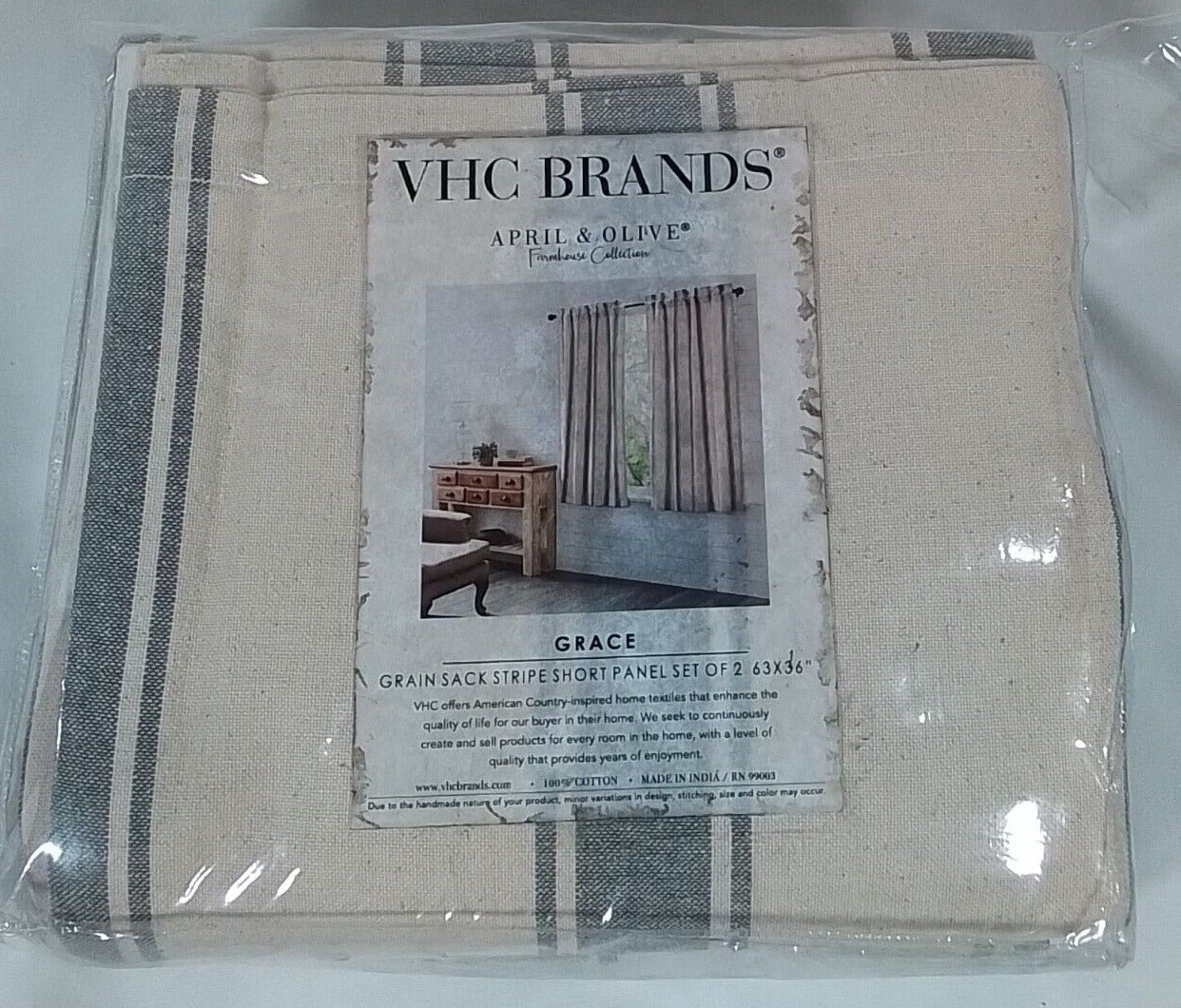VHC Grace Grain Sack Stripe Rod Pocket Curtain Panel 36"Wx63"L-(A8)