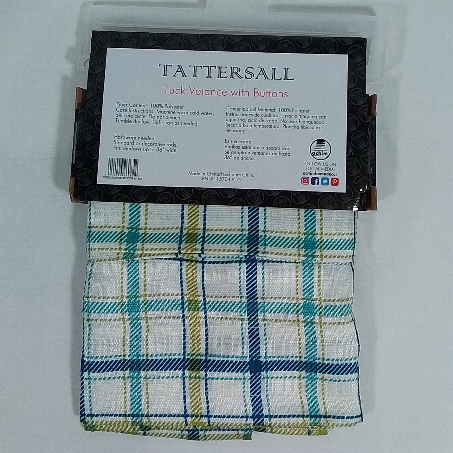 Tattersall 58"W x 14"L Tuck Valance w/Buttons in Navy Plaid (A28)