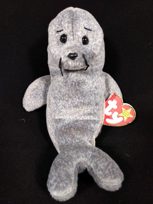 Ty Slippery the Seal Beanie Baby-Retired-In Case-PE Pellets